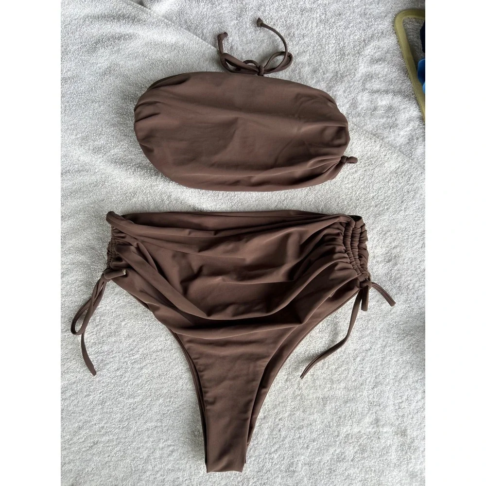 Unbranded Bikini Set Women Size M Brown EUC Ruched High Waist Bandeau 2pc Beach